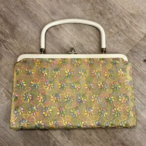 Vintage Multi-Colored Embroidered One Snap Clutch With Handle